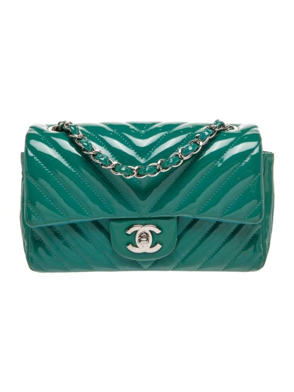 Chanel Classic Chevron Mini Flap Bag Green Patent Leather